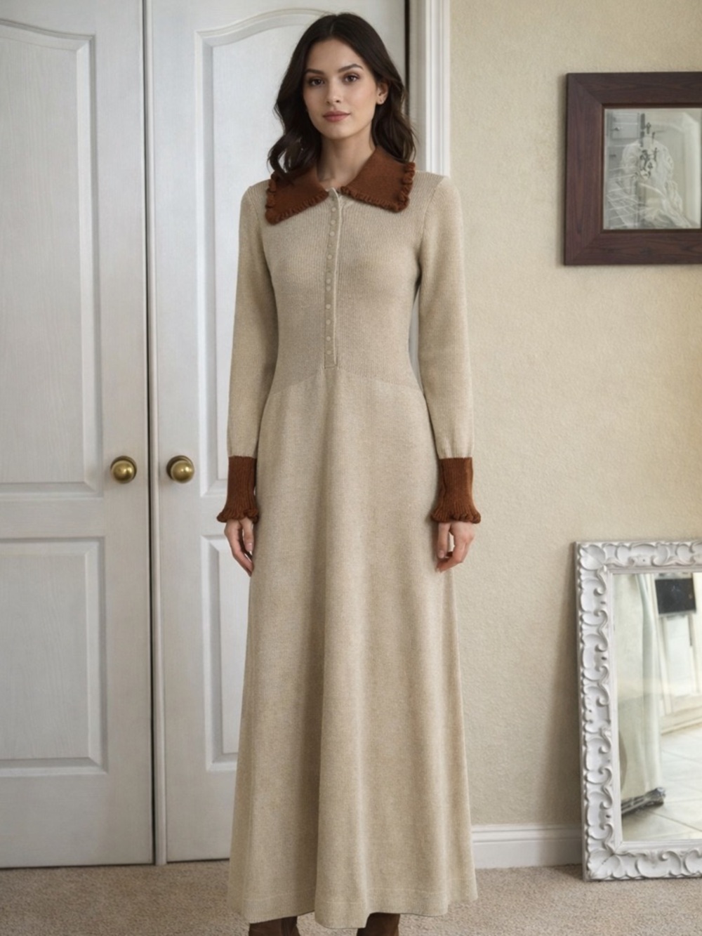 Vtg 70s Wenjilli earthy Knit crochet Maxi Dress 11/12